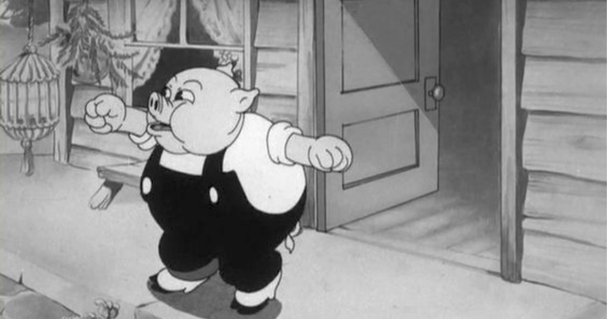 Looney Tunes Black-and-white 1930s cartoon still of a young Porky Pig in overalls