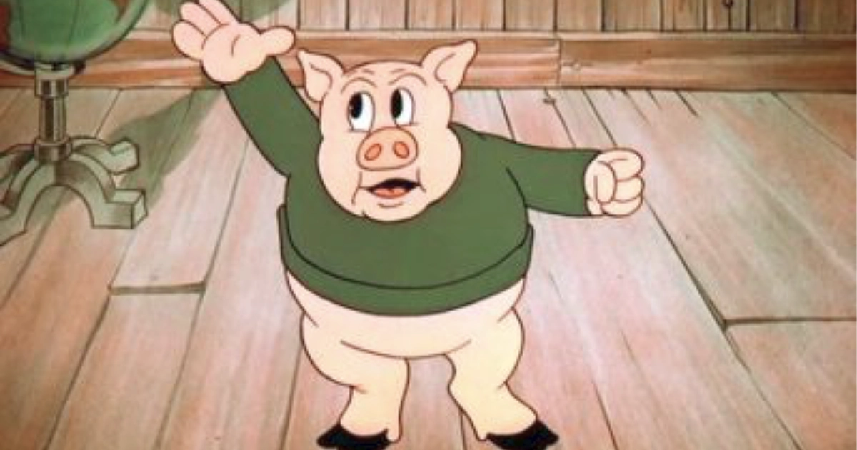 Looney Tunes Early Porky Pig, a plump pig in a green sweater, raising his hand in a 1930s cartoon