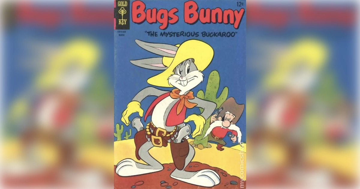 Looney Tunes Bugs Bunny comic book cover with Bugs dressed as a cowboy in The Mysterious Buckaroo