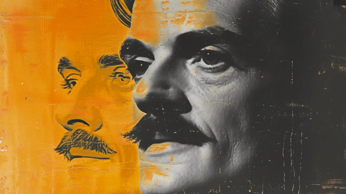 Orange and black pop-art print of a mustached man's face doubled
