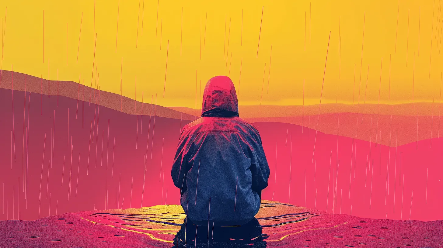 Rainfall illustration © History Oasis Stylized illustration of a hooded man sitting in the rain