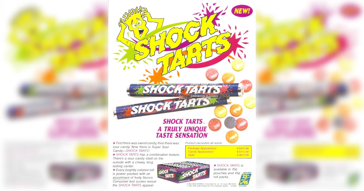 Shock Tarts Shock Tarts vintage trade ad with candy rolls and tablets