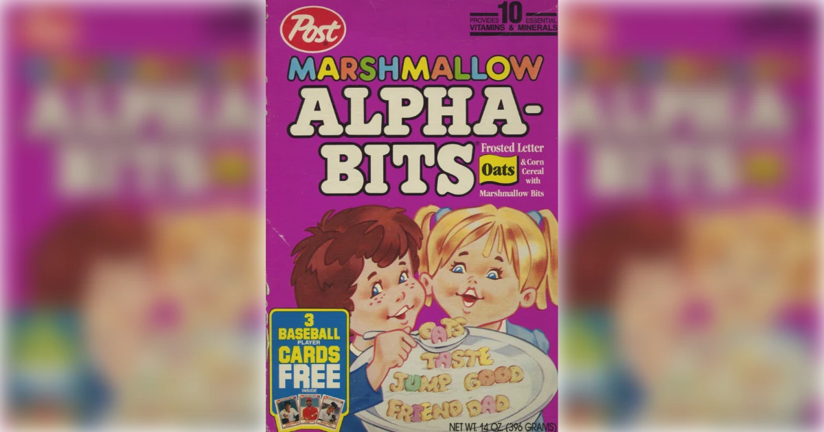 Post Post Marshmallow Alpha-Bits cereal box with two cartoon kids