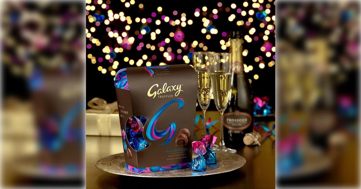 Galaxy Galaxy Truffles chocolate box with wrapped truffles and prosecco