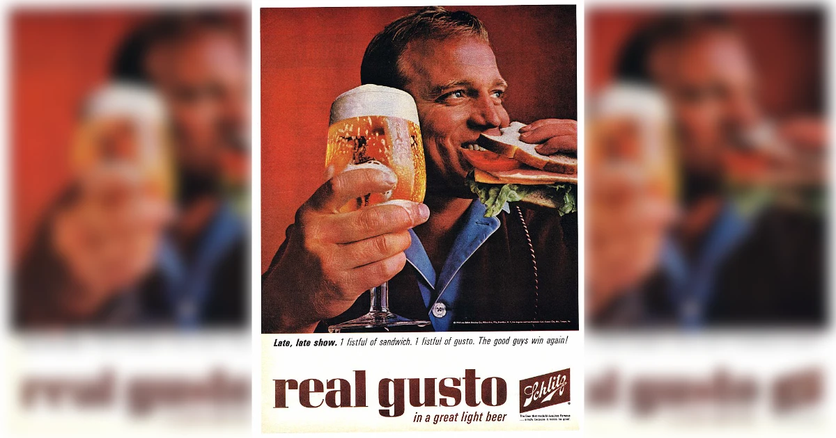 Schlitz Vintage Schlitz beer ad, man with sandwich and beer glass