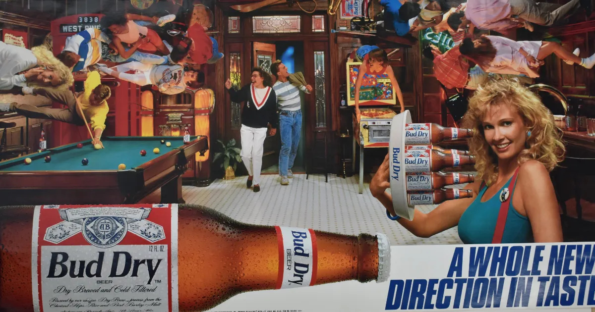 Anheuser-Busch Bud Dry beer poster ad with upside-down bar scene