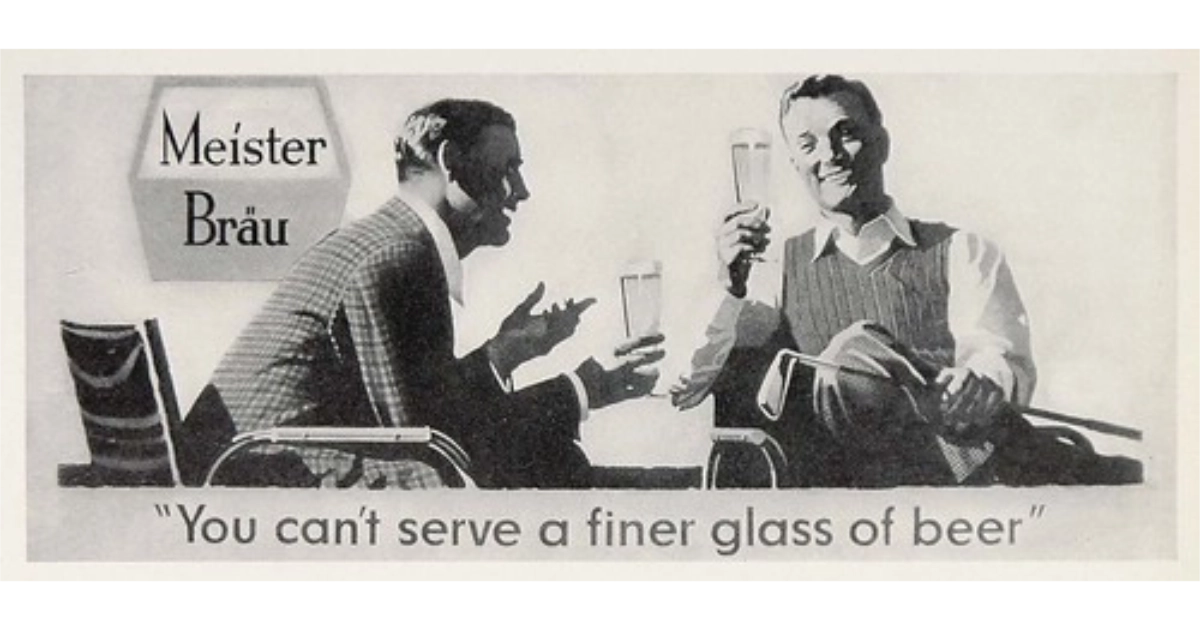 Meister Brau Vintage Meister Bräu newspaper ad with two men toasting beers