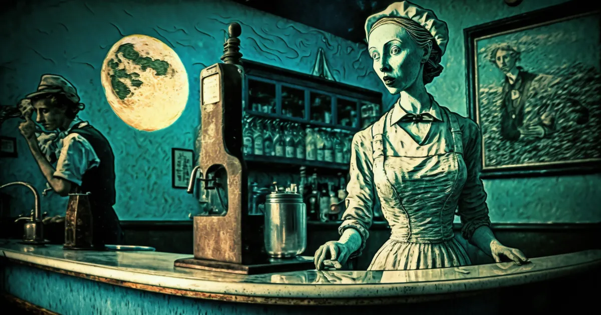 Illustrated 1900s drugstore soda fountain counter with uniformed soda jerk