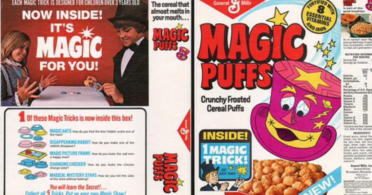 General Mills General Mills Magic Puffs cereal box with pink top-hat mascot