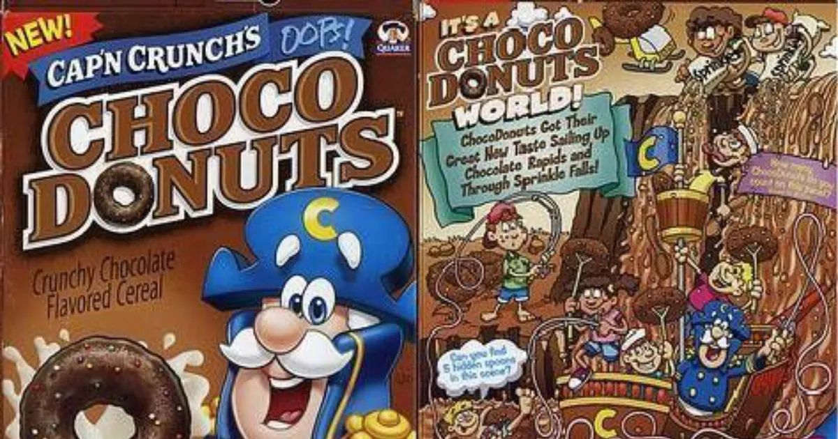 Quaker Oats Cap'n Crunch's Choco Donuts cereal box front and back panels