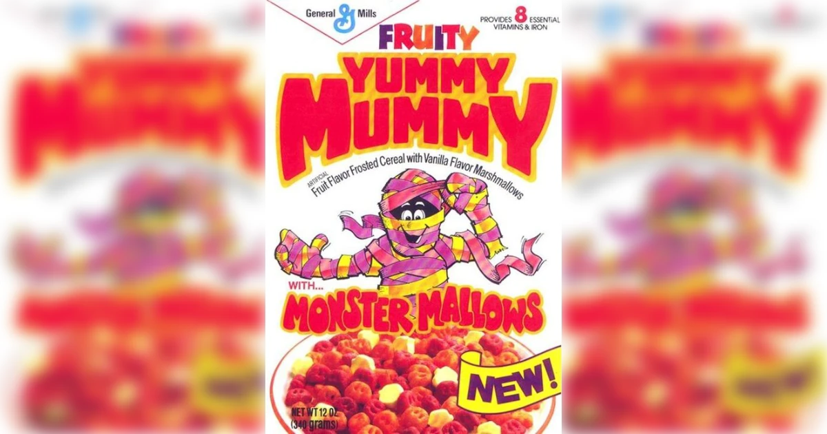 General Mills Fruity Yummy Mummy cereal box with mummy mascot and Monster Mallows