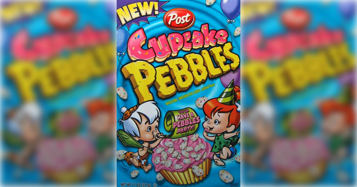 Post Post Cupcake Pebbles cereal box with Pebbles and Bamm-Bamm Flintstone