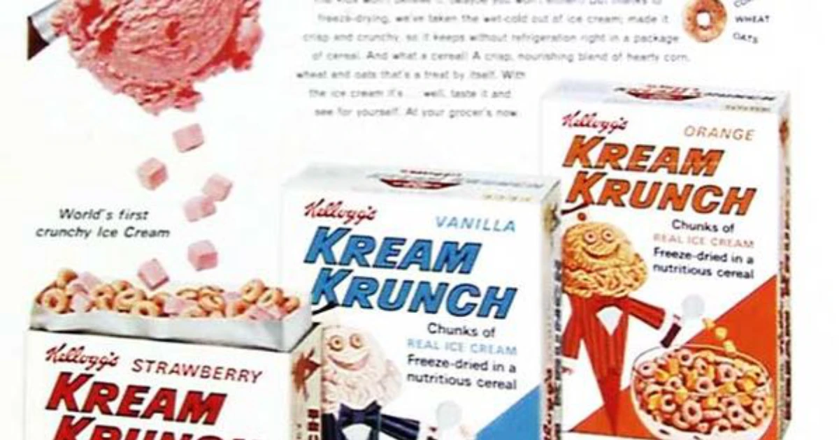 Kellogg's Vintage Kellogg's Kream Krunch ad showing strawberry, vanilla and orange boxes