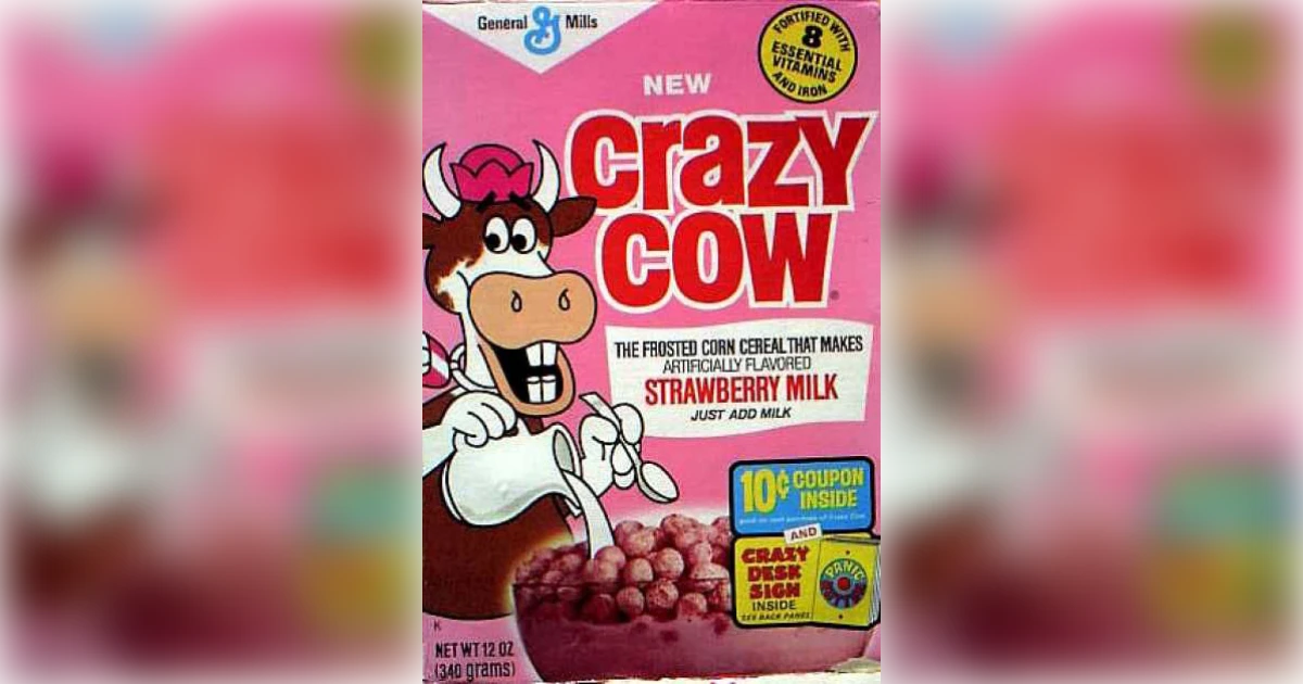 General Mills General Mills Crazy Cow strawberry cereal box with cartoon cow