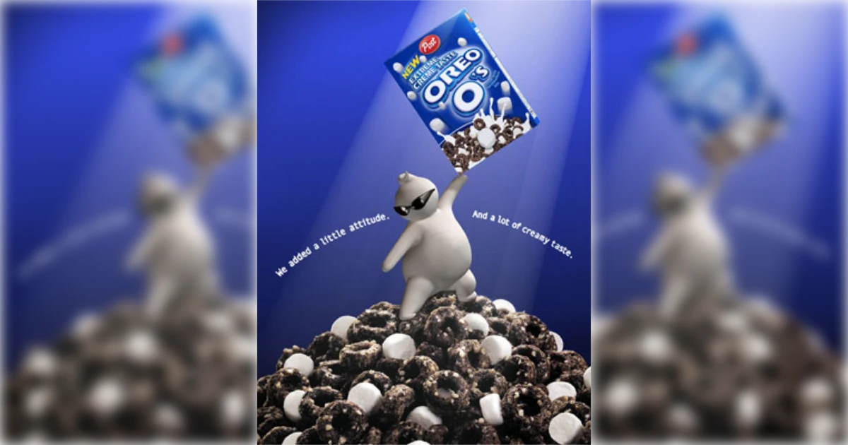 Post Post Oreo O's box held up by a claymation marshmallow character