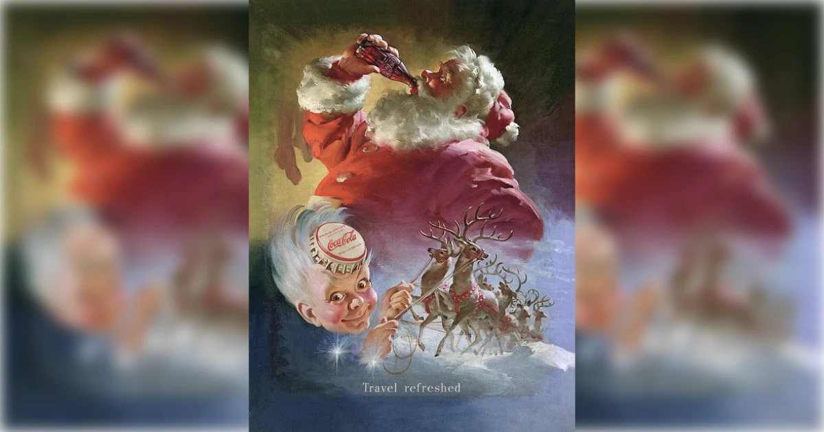 1949 Coca-Cola Travel Refreshed ad with Santa drinking Coke and Sprite Boy