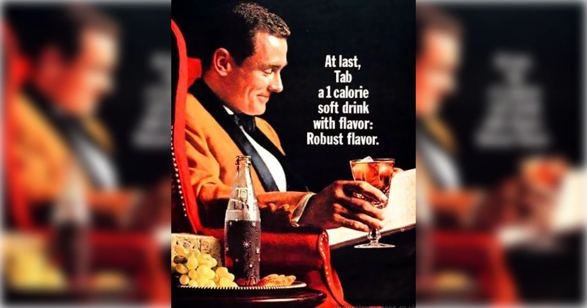 1960s TaB ad with man seated beside bottle and glass