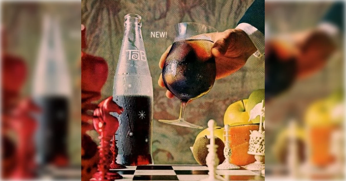 Vintage TaB bottle and glass on a chessboard in 1960s ad