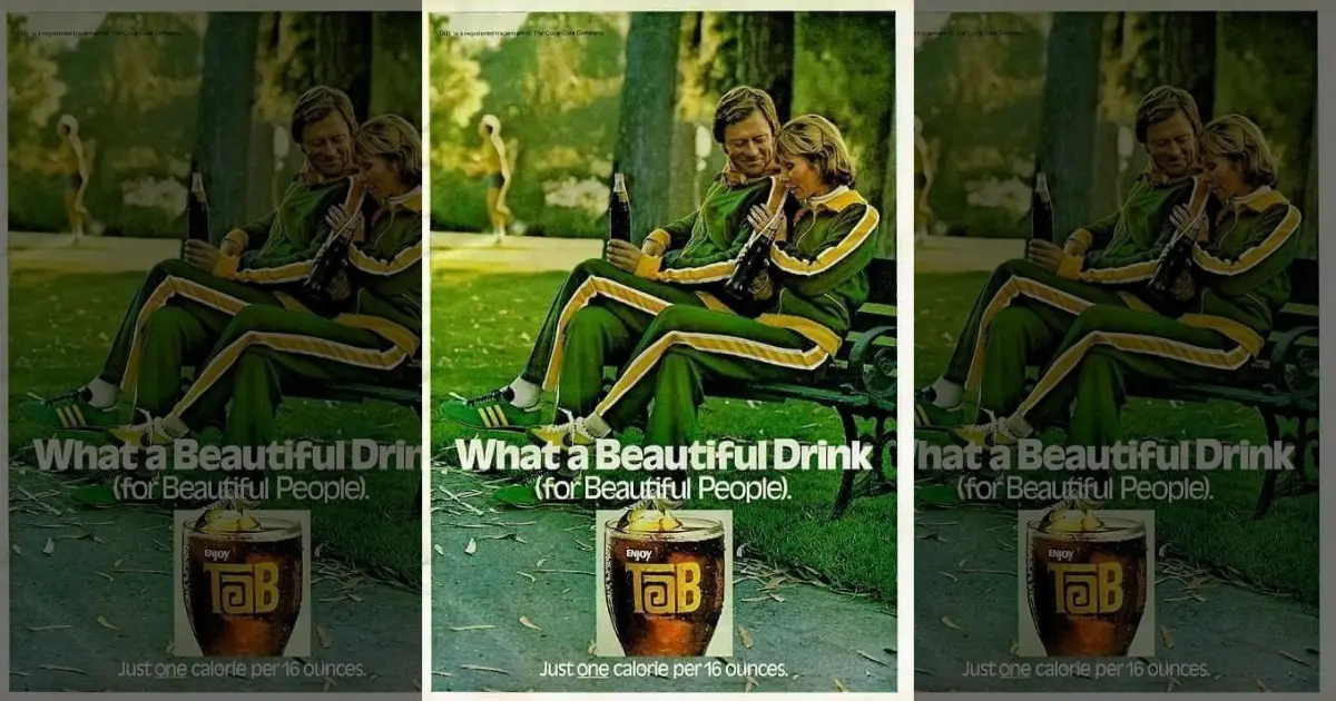 TaB ad with couple in tracksuits on a park bench