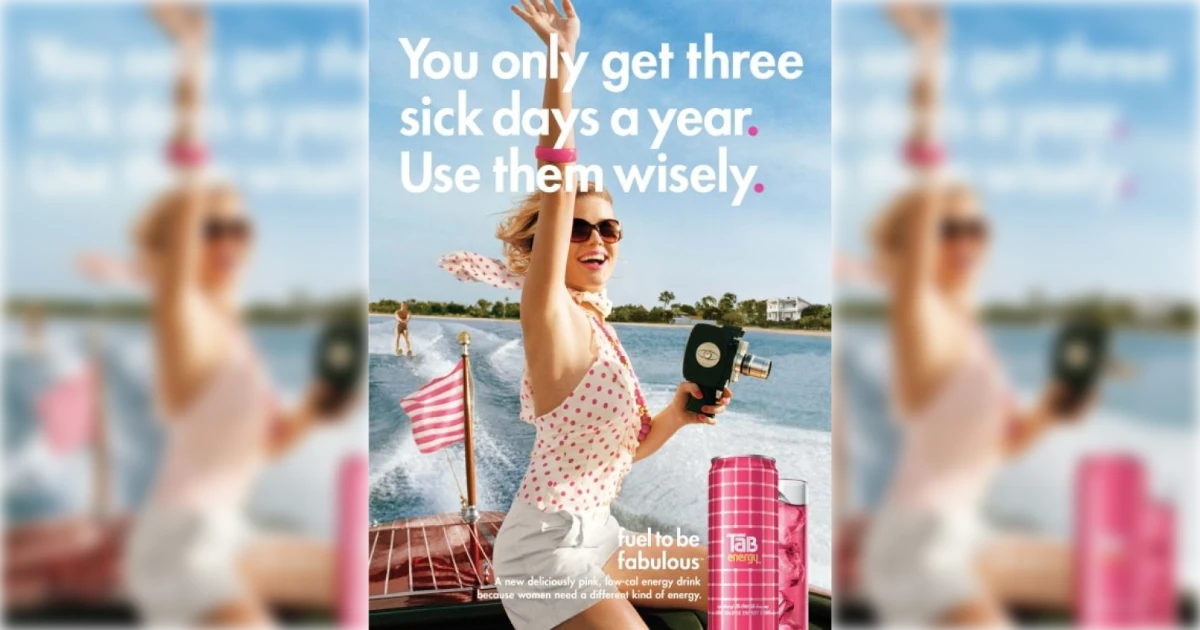Tab Energy magazine ad with woman waterskiing beside pink Tab Energy can