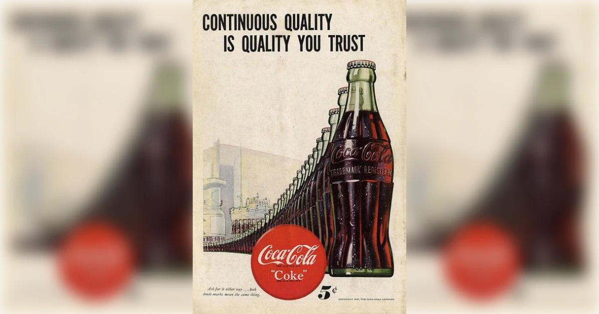 The Coca-Cola Bottle Vintage Coca-Cola ad with a long row of contour bottles and red Coke disc logo