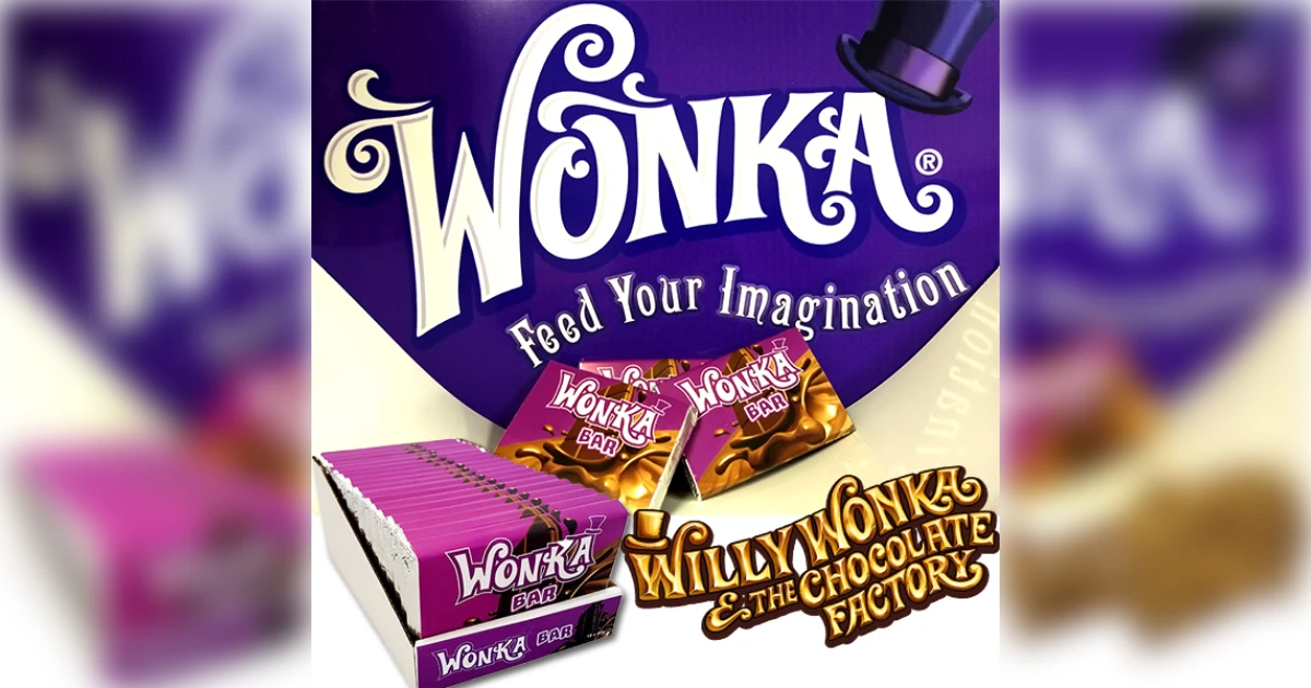 Wonka Wonka Bar boxes and purple wrappers in Feed Your Imagination display