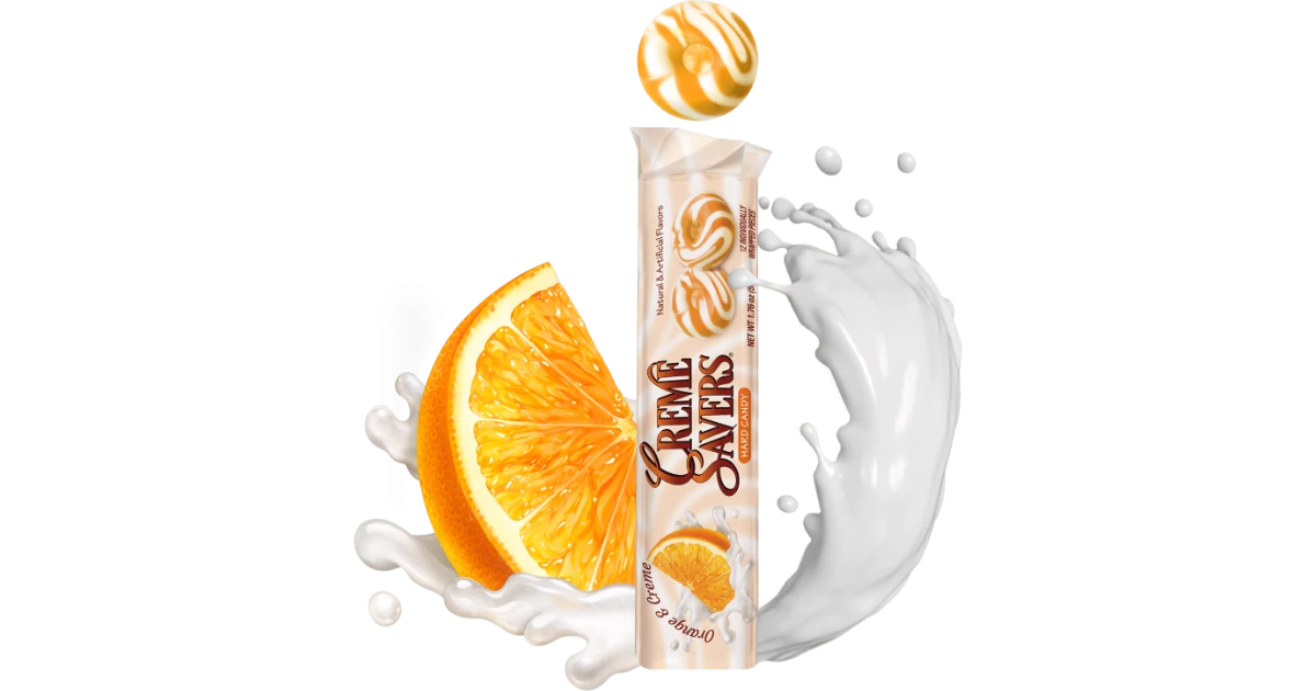 Kraft Foods Creme Savers Orange and Creme hard candy roll with milk splash