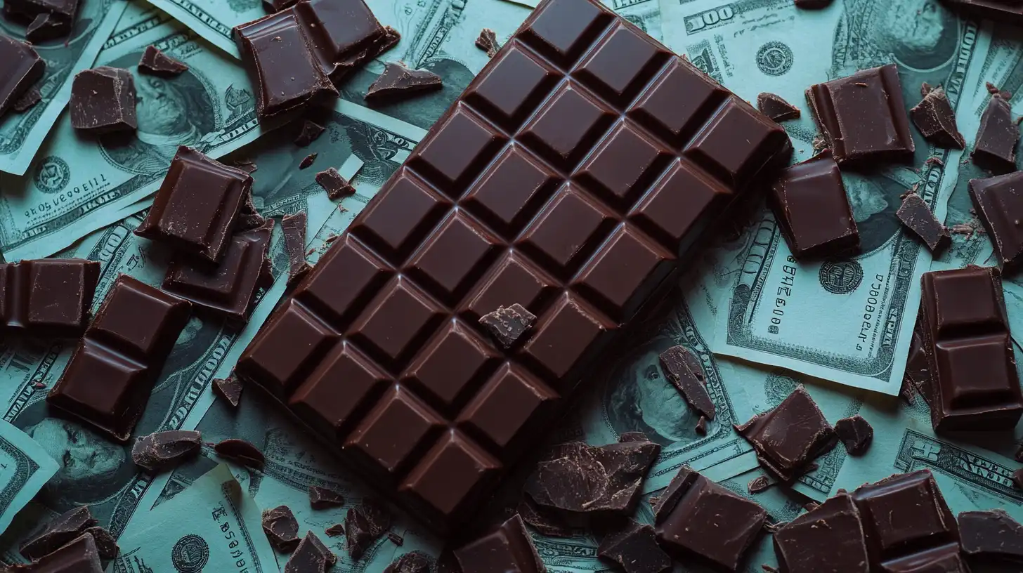 Chocolate bar on banknotes © History Oasis Dark chocolate bar and broken pieces on scattered US dollar bills