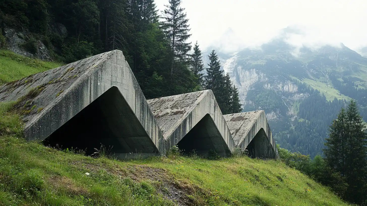 Triangular concrete bunkers in the Alps © History Oasis Triangular concrete bunkers on a green alpine hillside below Swiss mountains