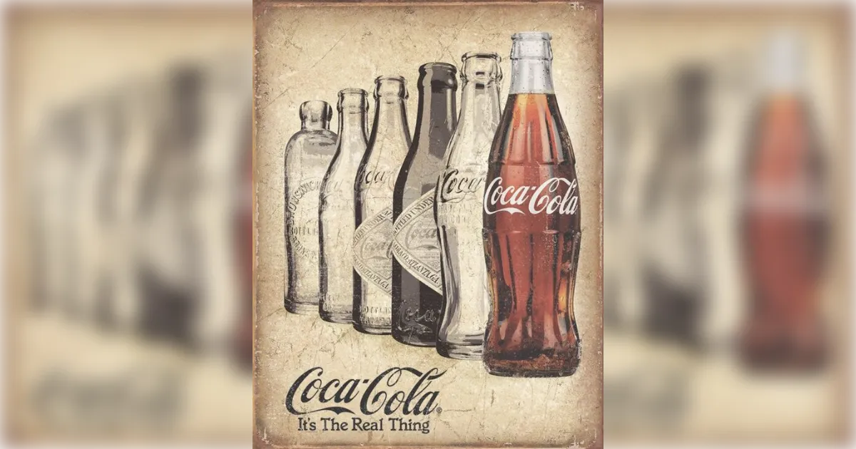 The Coca-Cola Company Coca-Cola It's The Real Thing tin sign showing bottle designs through history