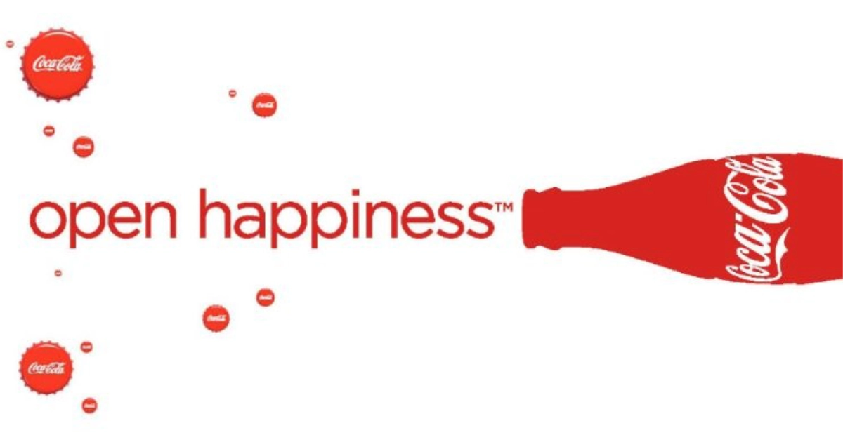 Coca-Cola Open Happiness logo with red bottle silhouette and bottle caps