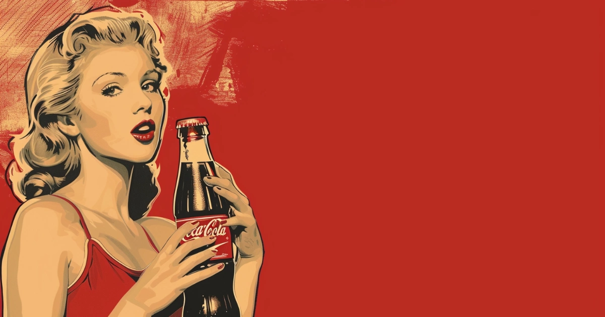 Retro pin-up illustration with a Coca-Cola bottle © History Oasis Retro illustration of a blonde woman holding a classic Coca-Cola bottle