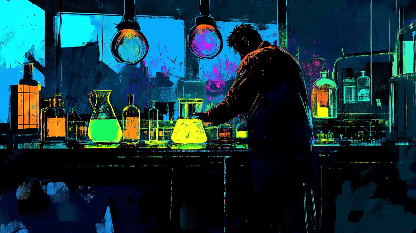 Chemist in a laboratory © History Oasis Neon illustration of a chemist working with flasks in a laboratory