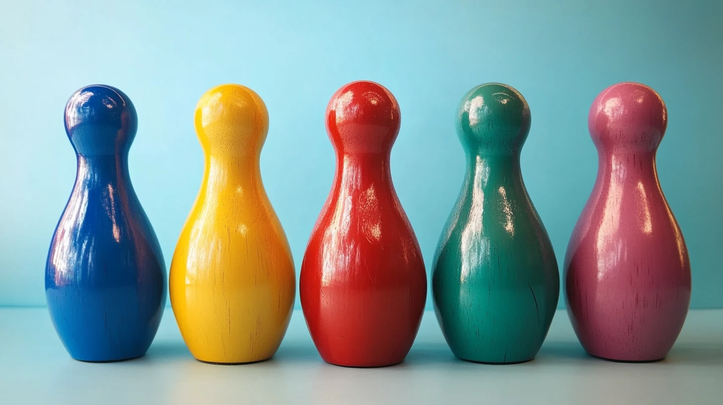 Wooden skittles pins © History Oasis Five colorful wooden skittles pins from the lawn bowling game