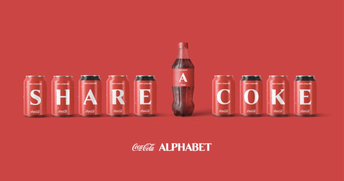 The Coca-Cola Company Coca-Cola cans and bottle with letters spelling out Share a Coke