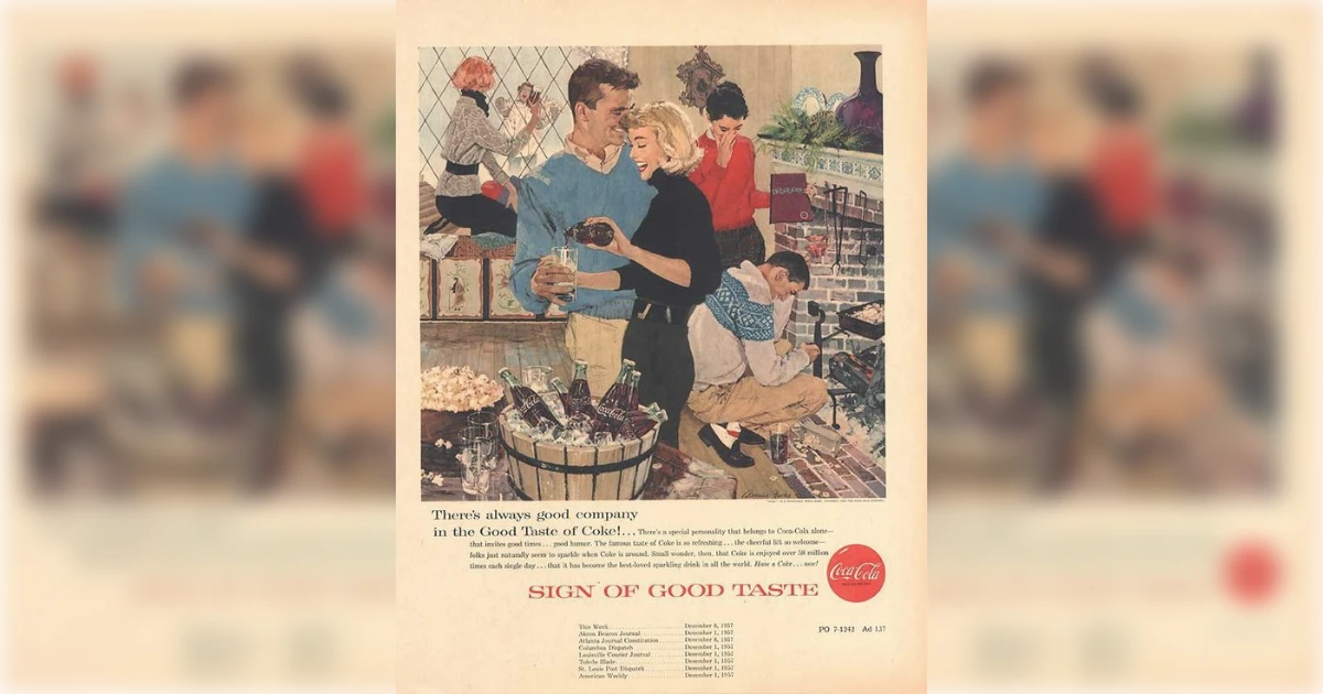 The Coca-Cola Company 1957 Coca-Cola Sign of Good Taste magazine ad showing a holiday party
