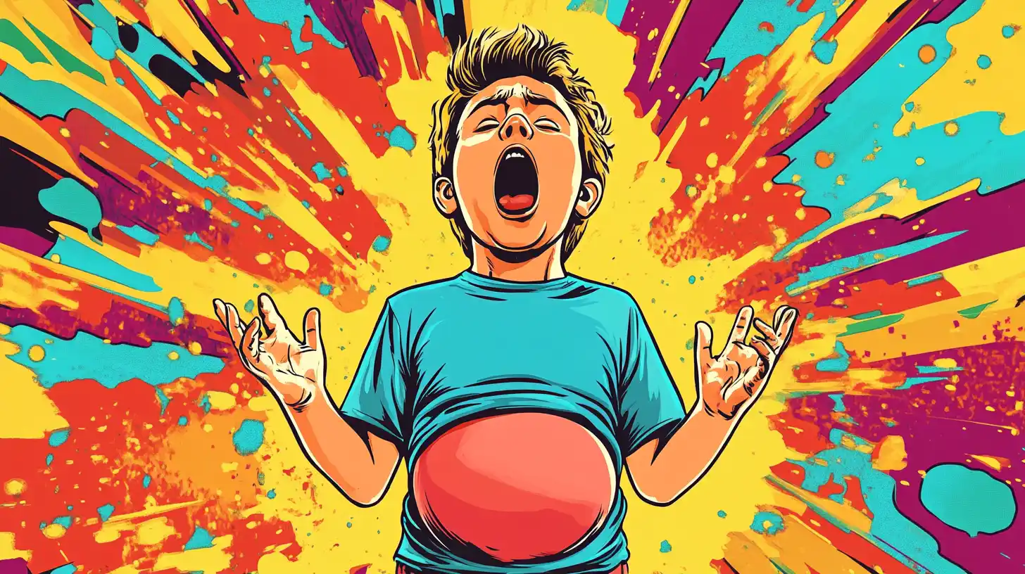 Cartoon boy screaming with a swollen belly bulging from his shirt