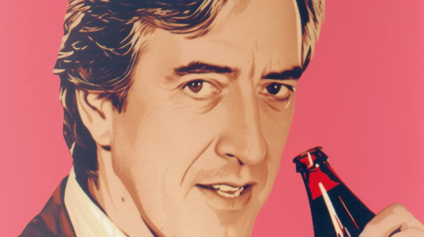 Illustrated portrait of a man in a suit holding a Coca-Cola bottle