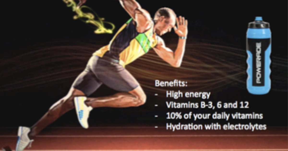 The Coca-Cola Company Sprinter in Jamaican colors beside a blue Powerade squeeze bottle