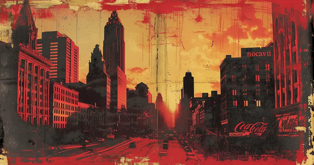 City skyline with Coca-Cola signs © History Oasis Stylized red-toned city skyline at sunset with Coca-Cola billboards