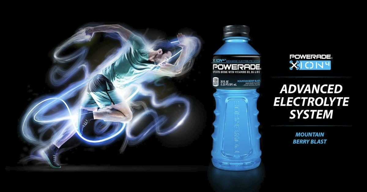 Powerade Electrolytes Powerade ION4 Mountain Berry Blast bottle beside a sprinting athlete