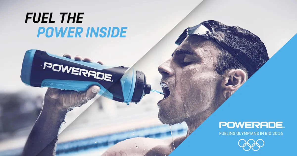 The Coca-Cola Company Swimmer drinking from a blue Powerade bottle in Rio 2016 Olympic ad