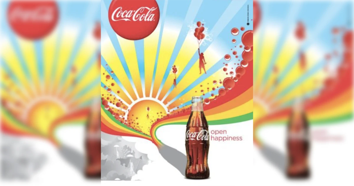 Coca-Cola Open Happiness poster with sunburst, rainbow and balloon figures