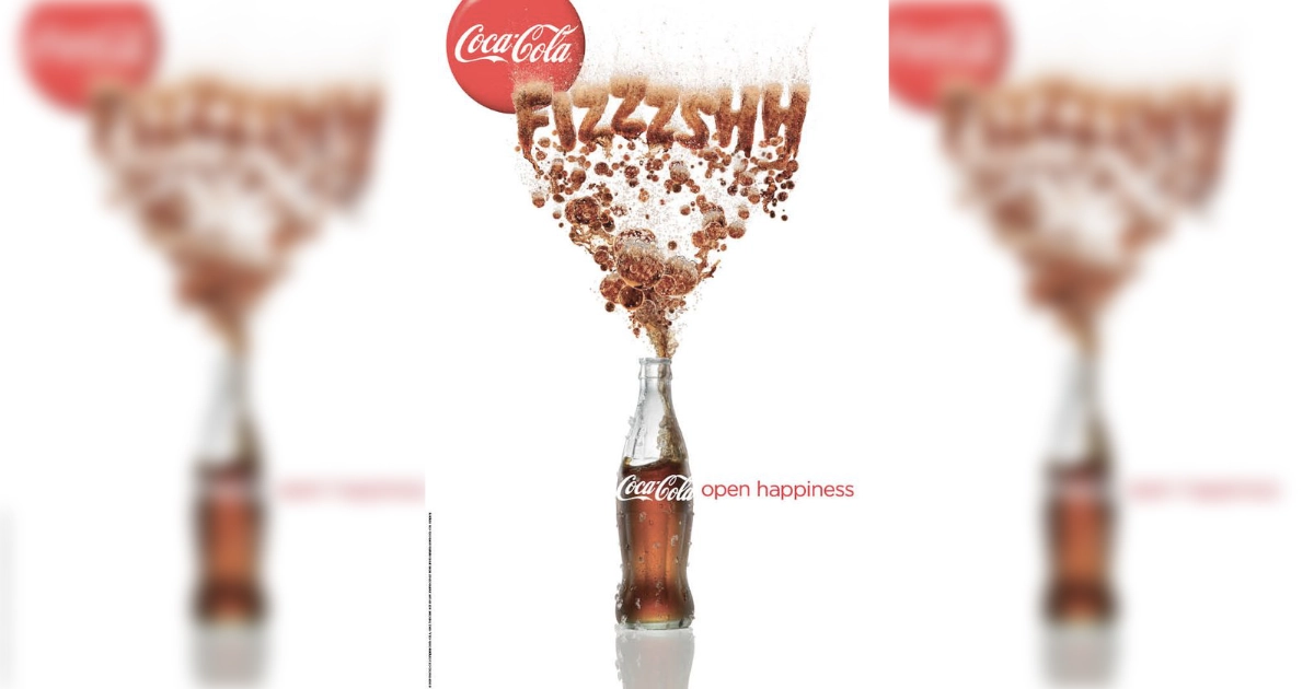 Coca-Cola Open Happiness ad spelling Fizzzshh in soda bubbles