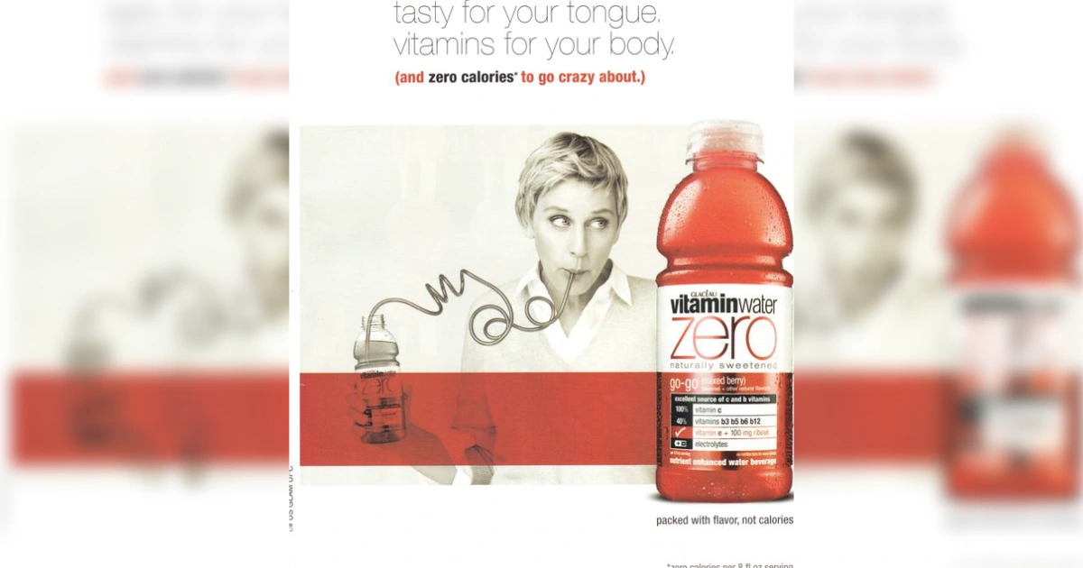 The Coca-Cola Company Vitaminwater Zero ad with Ellen DeGeneres sipping from a curly straw