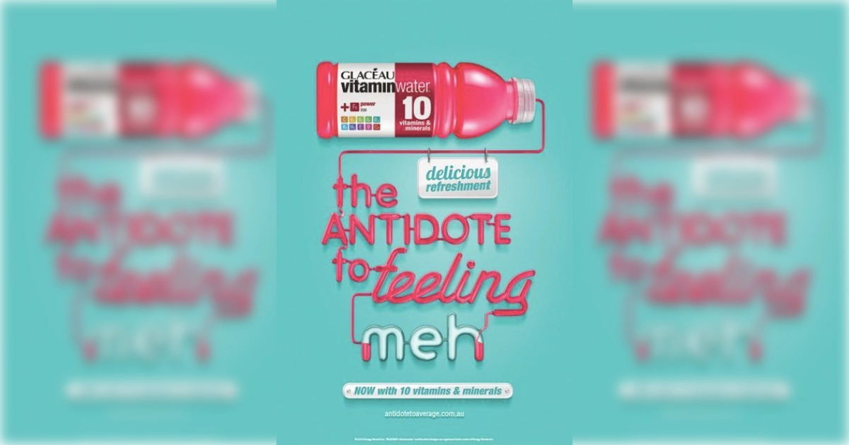 The Coca-Cola Company Vitaminwater antidote to feeling meh ad with pink power-c bottle