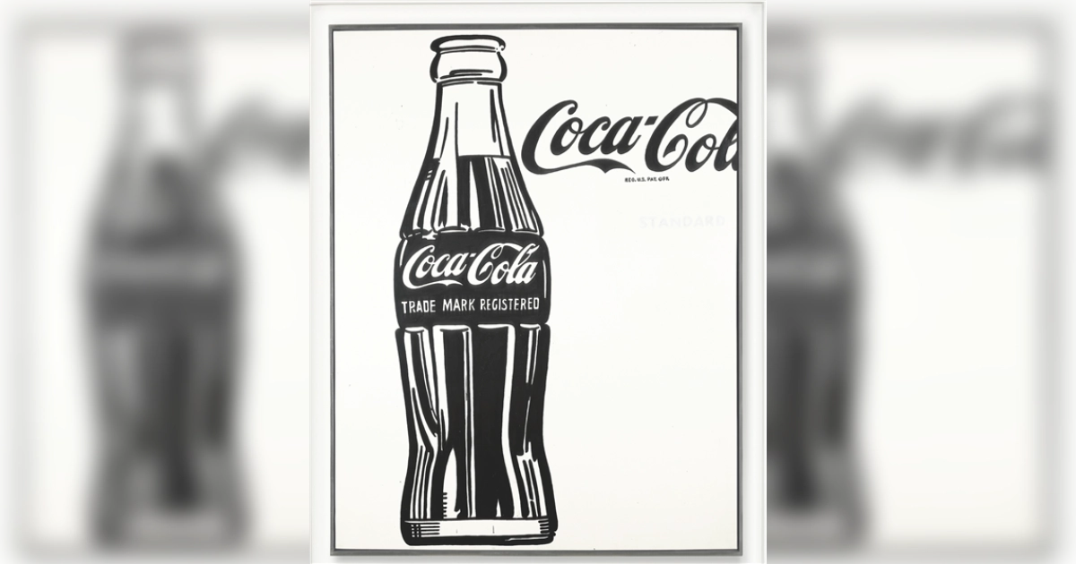 Warhol black-and-white painting of one large Coca-Cola contour bottle