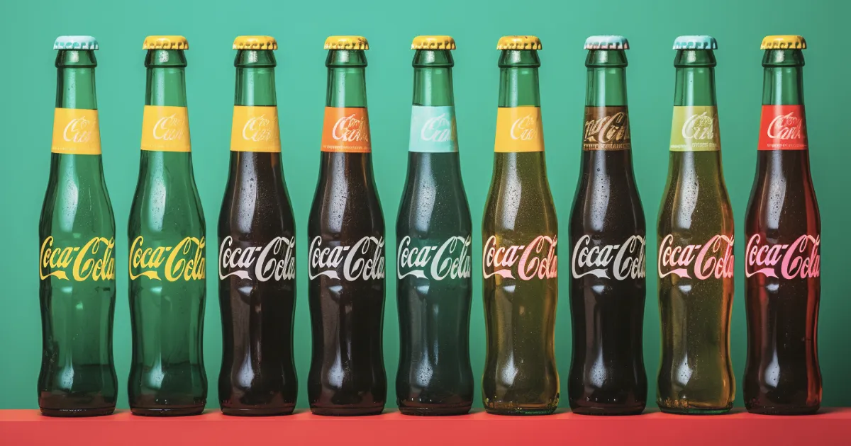 Row of nine Coca-Cola glass bottles with different colored labels