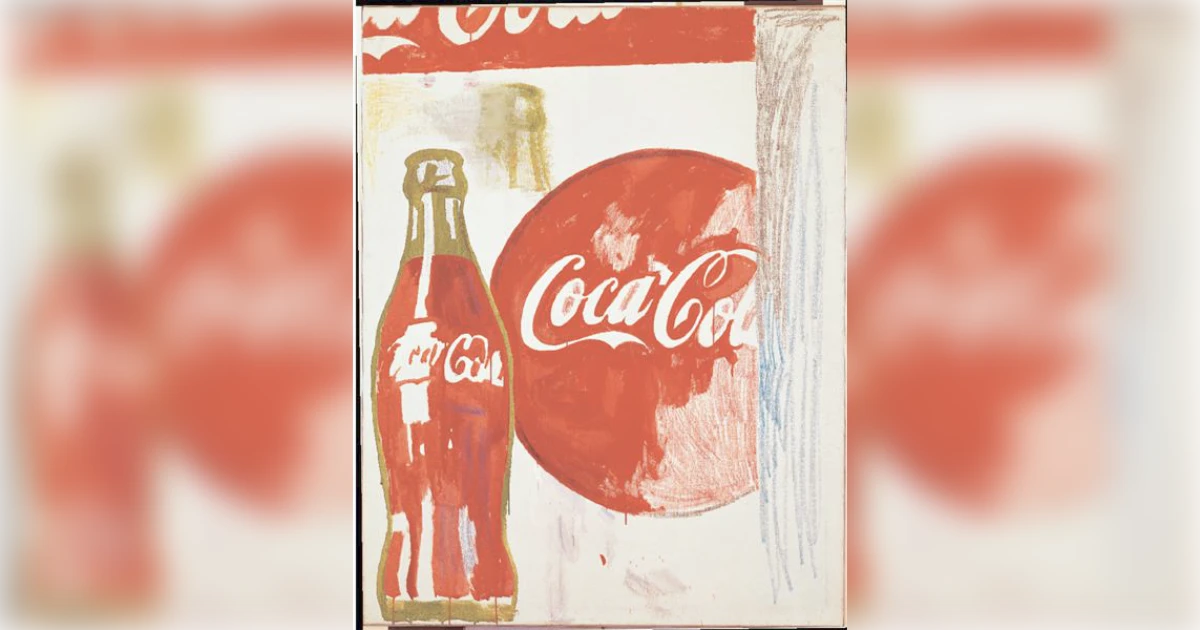 Warhol painting of a red Coke bottle beside a Coca-Cola disc logo