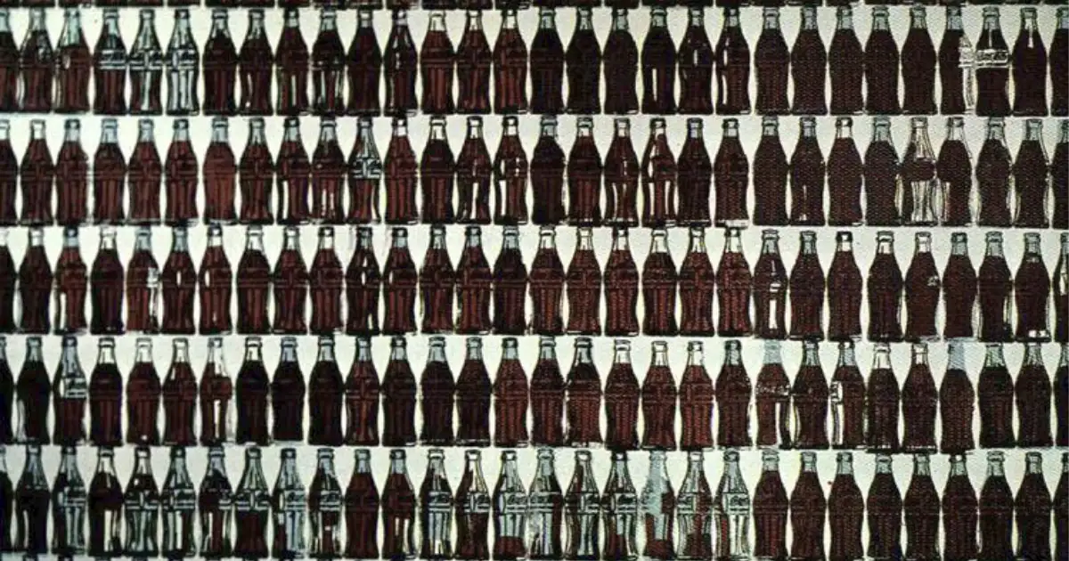Warhol canvas of repeated dark brown Coca-Cola bottles in rows